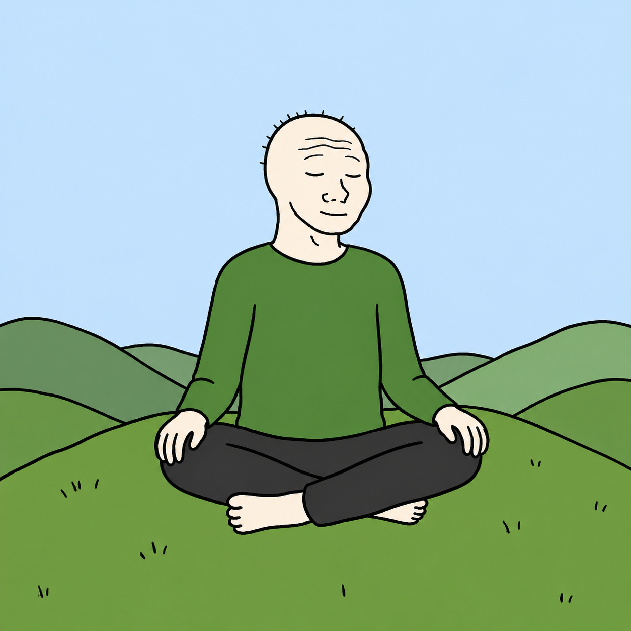 A relaxed character meditating among green hills