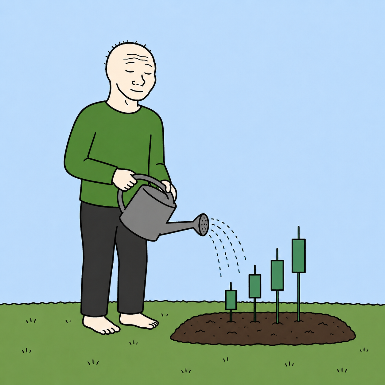 The character watering a garden of green candles