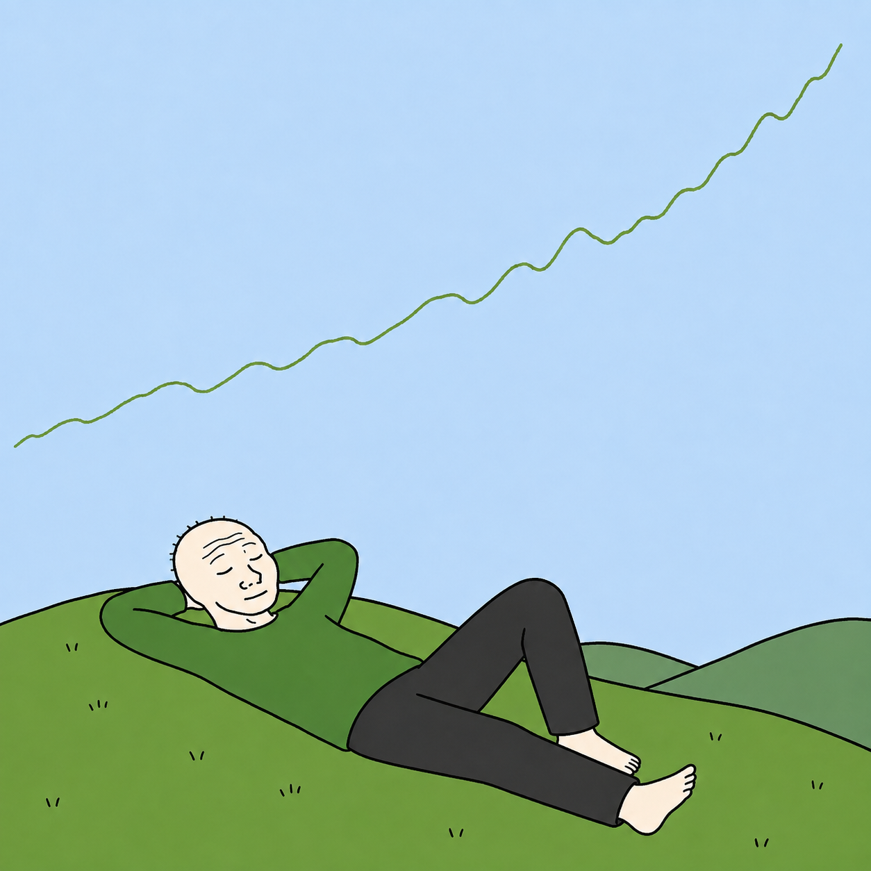 The character chilling under a rising green chart